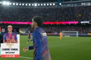 帽子戏法+6过人成功，亚马尔当选巴萨4-1黄潜一役全场最佳 配图