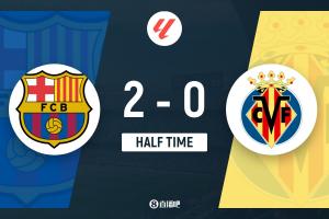 半场-巴萨2-0比利亚雷亚尔 亚马尔双响+精彩内切兜射费尔明2助 配图