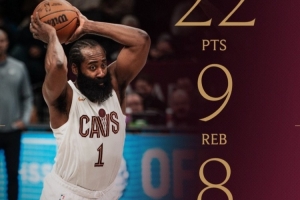 22分9板8助！骑士官方晒哈登数据海报：大胡子复出奉献了经典表演 配图