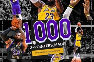 仅次于科比！湖人官推晒海报祝贺詹姆斯达成队史第二位1000+三分 配图