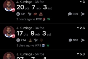 库明加出战三场比赛合砍64+23+10!帮助老鹰取得三连胜 配图