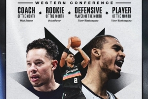 马刺横扫月最佳所有荣誉!文班亚马:这太棒了 让我们继续前进! 配图