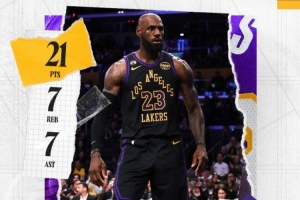 携手发力！湖人官方发布詹姆斯和东契奇本场数据海报 配图