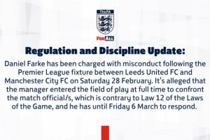 官方:英足总已指控利兹联主帅法尔克,他在对阵曼城赛后质询裁判 配图