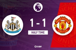 半场-曼联1-1纽卡 拉姆塞被罚下B费送点戈登点射卡塞米罗扳平 配图