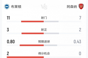 阿森纳1-0布莱顿数据：射门7-11，射正2-3，得分机会0-2，角球3-4 配图