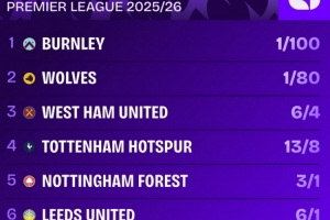 本赛季英超降级赔率排名：伯恩利居首，狼队次席，热刺第四 配图