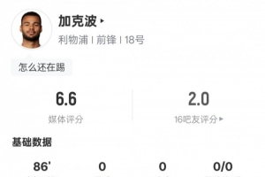 加克波本场数据:1射门0射正2关键传球3地面对抗成功,评分6.6 配图
