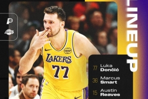 詹姆斯艾顿缺阵！湖人首发：东契奇、斯玛特、里夫斯、八村、海斯 配图