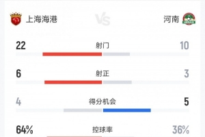 海港1-2河南数据：射门22-10，射正6-3，得分机会4-5，犯规14-10 配图
