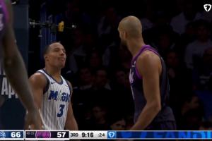 戈贝尔黄油手出界 贝恩推一把还不忘嘲讽：连喊四遍我的天哪~ 配图