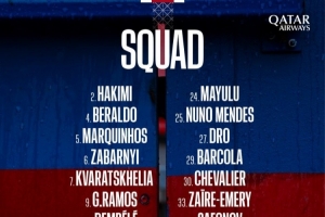 巴黎对阵切尔西首回合名单：登贝莱、阿什拉夫领衔，内维斯回归 配图