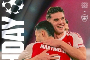 阿森纳发布欧冠客战勒沃库森海报：约克雷斯、马丁内利出镜 配图