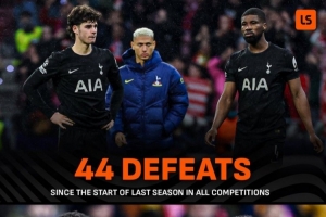 热刺上赛季以来输掉44场比赛，与阿森纳近5个赛季输球场次相同 配图