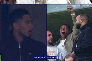 一脸惊愕！巴尔韦德上演帽子戏法，贝林厄姆在场边反应夸张 配图