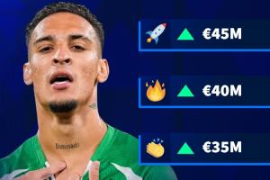 32场11球9助！德转预热安东尼身价：最低涨至3200万欧 最高4500万 配图