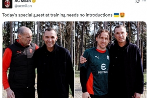 金球先生来探班，米兰官推晒舍甫琴科与莫德里奇、阿莱格里合照 配图