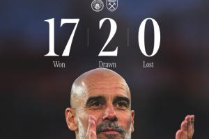 稳了?瓜帅执教曼城以来英超对阵西汉姆17胜2平!10年里未尝败绩 配图