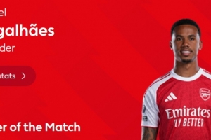 8次解围！英超官方：加布里埃尔当选阿森纳2-0埃弗顿全场最佳 配图