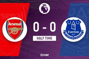 半场-阿森纳0-0埃弗顿 卡拉菲奥里极限解围麦克尼尔中柱廷伯伤退 配图