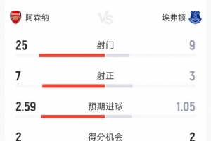 阿森纳2-0埃弗顿全场数据：射门25-9，射正7-3，得分机会2-2 配图