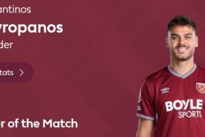 头球扳平，英超官方：马夫罗帕诺斯当选西汉姆1-1曼城全场最佳 配图