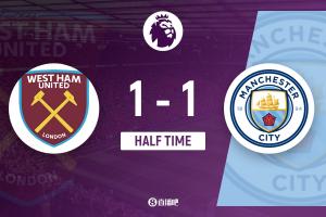 半场-曼城暂1-1西汉姆联 B席小角度挑射破门多纳鲁马出击失误 配图