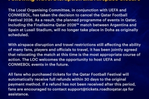 官方：2026年卡塔尔足球节因旅行中断和领空关闭取消 配图