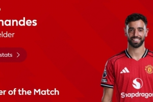 2助攻+6关键传球,英超官方:B费当选曼联3-1维拉全场最佳 配图