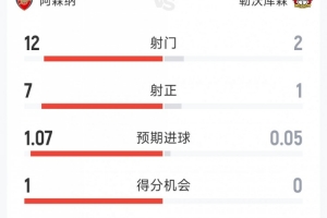 阿森纳1-0勒沃库森半场数据:射门12-2,射正7-1,得分机会1-0 配图