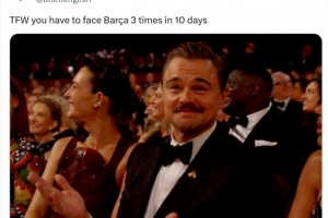 马竞晒莱昂纳多一脸无奈照片调侃：10天3战巴萨的感受 配图