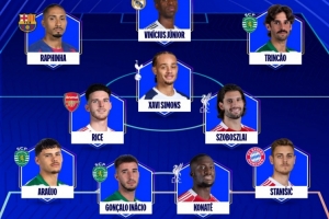 欧冠周最佳阵:拉菲尼亚、维尼修斯、赖斯、索博、科纳特入选 配图