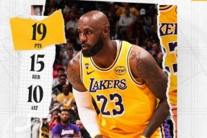 最老三双!湖人官方发布詹姆斯本场数据海报:19+15+10 配图