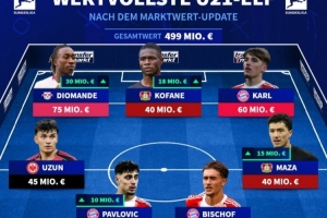 德甲身价最高U21阵容:卡尔、帕夫洛维奇、武什科维奇、乌尊在列 配图