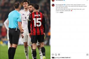 不满！马奎尔发文：红点判罚太牵强了 本以为两个判罚会一样 配图