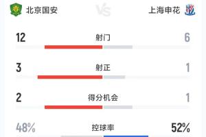 国安1-1申花全场数据:射门12-6,射正3-1,控球48%-52% 配图