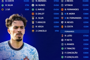 葡萄牙队总身价9.95亿欧，内维斯、维蒂尼亚1.1亿欧队内最高 配图