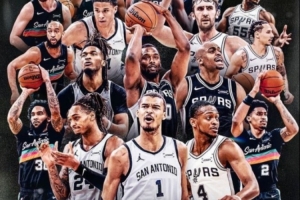 马刺官方晒2026西南赛区冠军海报:文班C位 福克斯瓦塞尔左膀右臂 配图