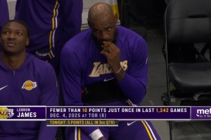 目前仅拿到5分！詹姆斯坐在场边咬手指 若有所思 配图