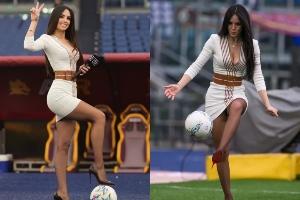 脚法如何？26岁DAZN美女主持穿连衣裙+高跟鞋在罗马主场踢球⚽️ 配图