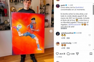 佩德里西班牙队首秀5周年获赠个人画作,社媒晒照致谢 配图