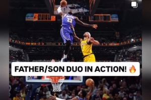 老父亲的快乐！詹姆斯晒自己和布朗尼扣篮帅照：上阵父子兵！ 配图