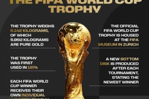 国际足联科普大力神杯：总重6.142公斤，其中5.092公斤为纯金 配图