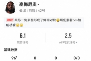 塞梅尼奥本场1射0正+0关键传球 17丢失球权+7对抗2成功 仅获6.1分 配图